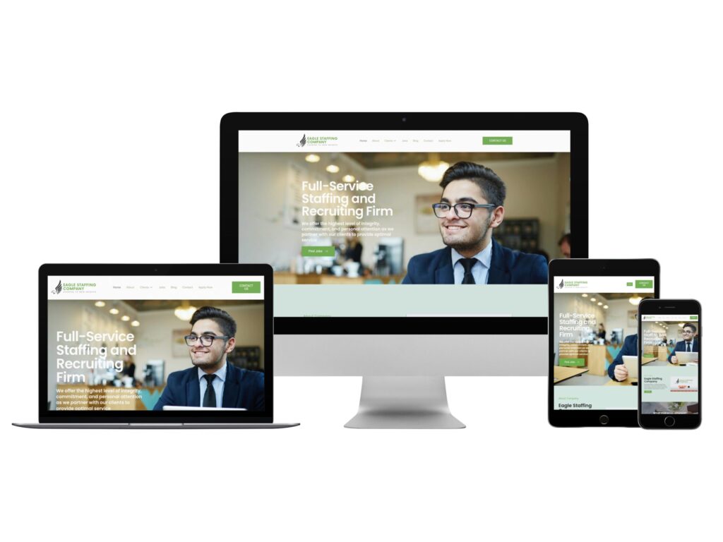 Full-service staffing and recruiting firm website displayed on multiple devices, featuring a professional smiling man in a suit, emphasizing digital presence and branding services.