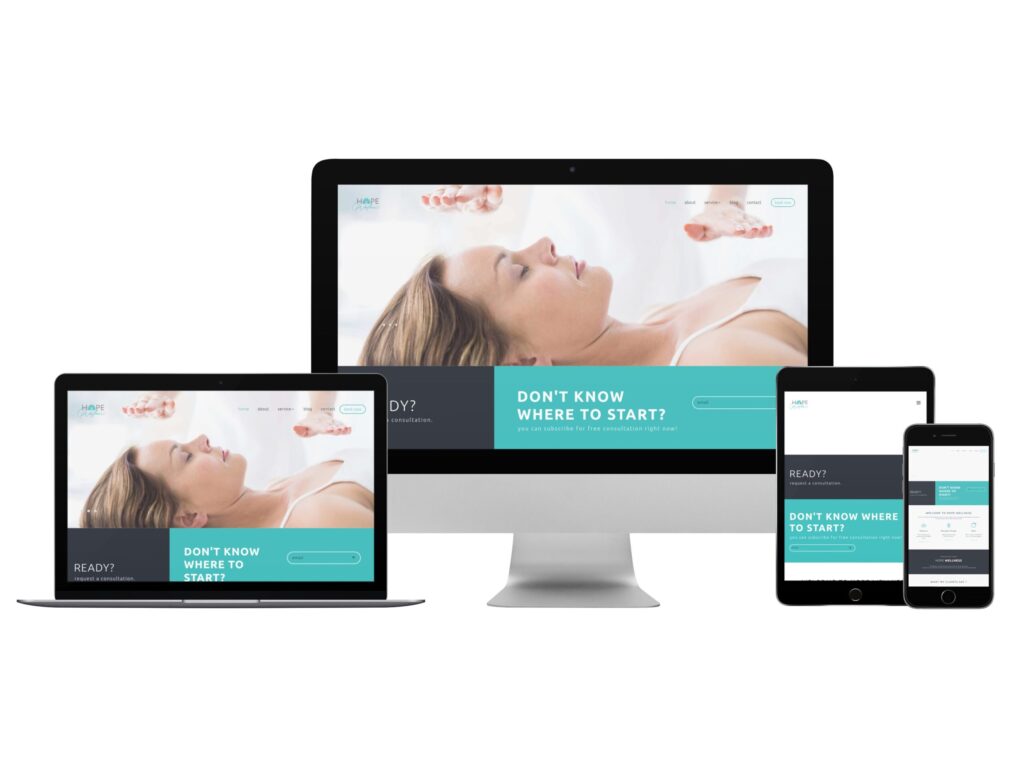 Website mockup featuring responsive design of Hope Wellness Group, showcasing a serene image of a woman and call-to-action phrases like "Don't know where to start?" across desktop, laptop, tablet, and smartphone screens.