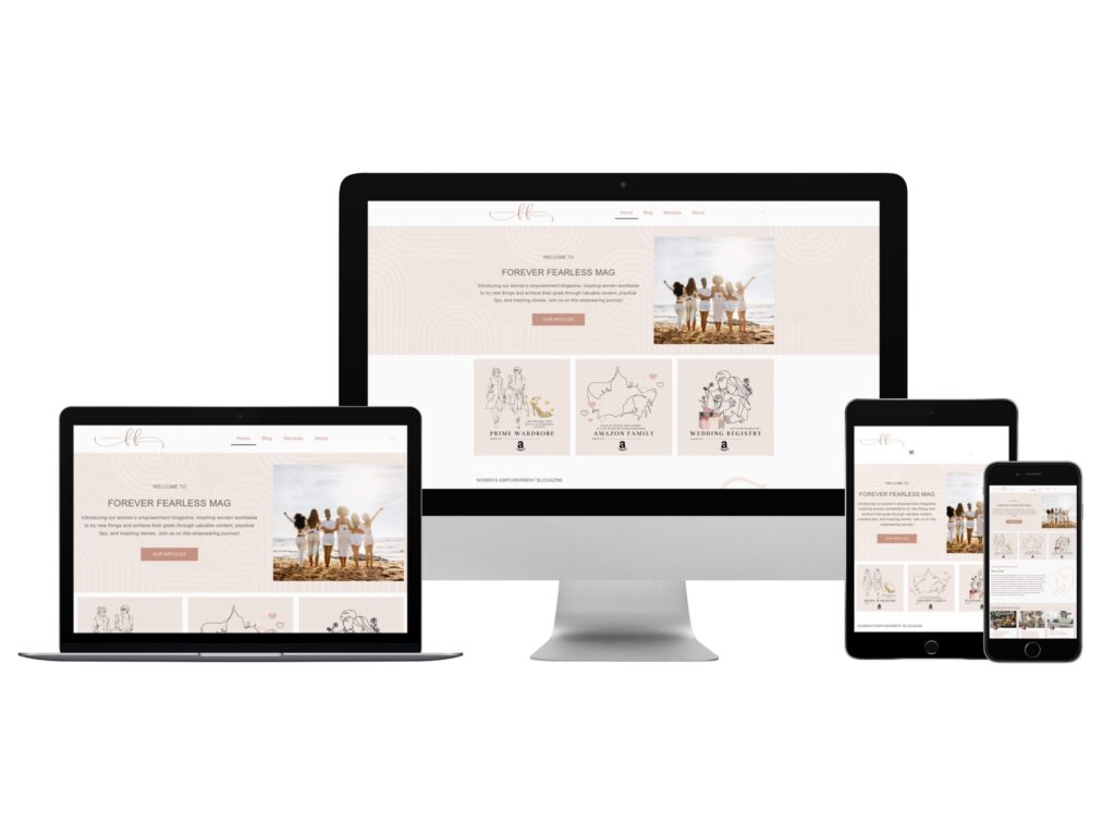 Mockup of a website design displayed on multiple devices including a desktop, laptop, tablet, and smartphone, showcasing the "Forever Fearless Mag" homepage with sections highlighting lifestyle content and featured images.