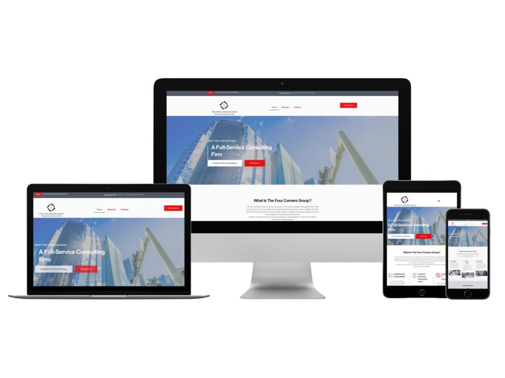 Website design mockup showcasing responsive layouts for "The Four Corners Group," featuring desktop, laptop, tablet, and smartphone displays with a focus on consulting services.