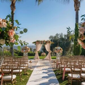 Stunning outdoor wedding venue setup with floral decorations and scenic backdrop