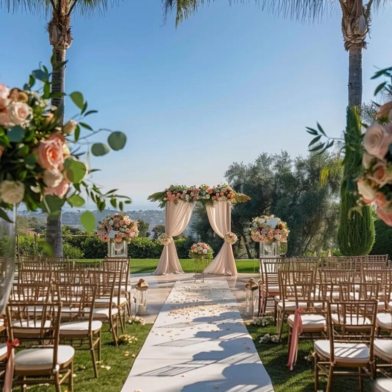 Stunning outdoor wedding venue setup with floral decorations and scenic backdrop