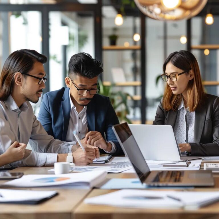 Group of attorneys collaborating on strategic internet marketing solutions in a modern office