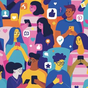 Diverse group of people engaging with social media on devices, representing community and connection