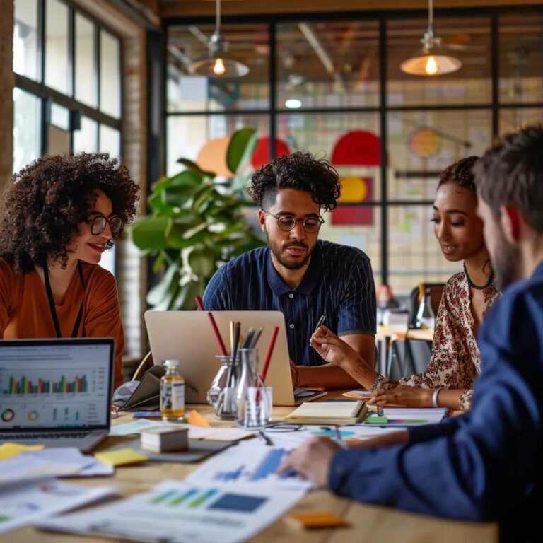Entrepreneurs collaborating on digital marketing strategies in a modern office