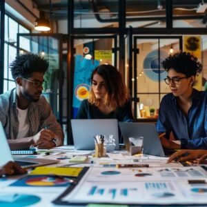 Diverse professionals collaborating on a digital marketing strategy in a modern workspace