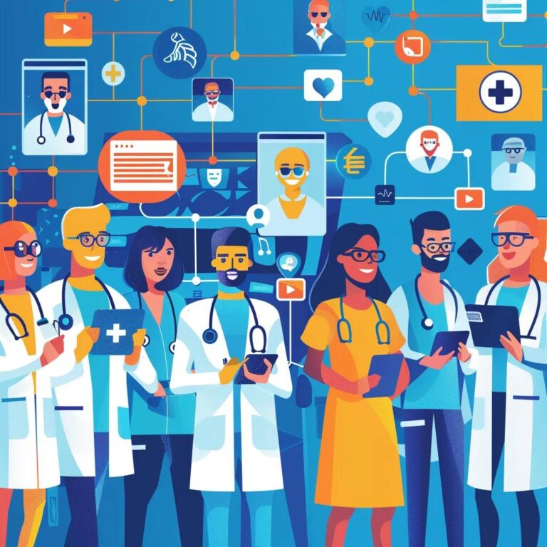 Healthcare professionals engaging with patients through social media in a hospital setting