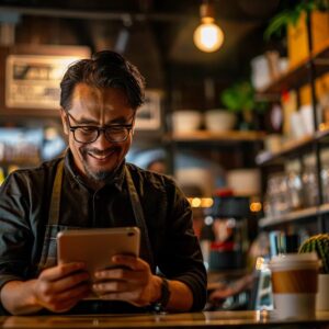 Business owner optimizing Google Business Profile in a cozy café setting