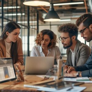 Team collaborating on SEO strategies with a laptop in a modern office